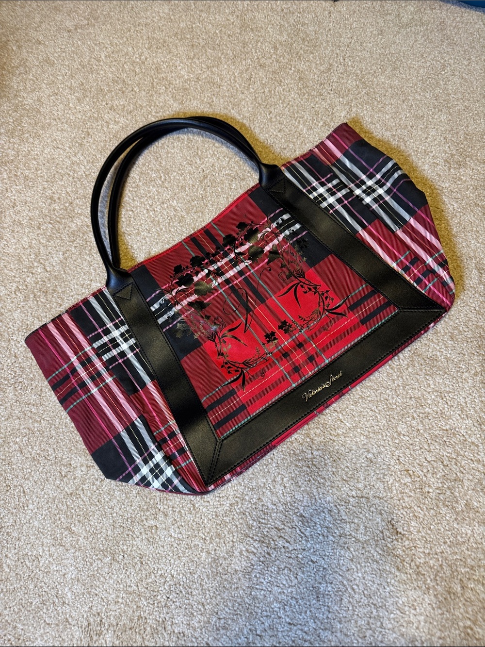 Victoria's Secret Red Plaid Tote with Black Trim